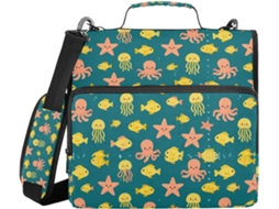 Pasta Organizadora Com Estampa De Peixes Em Tons Azul Petróleo, Alça De Ombro E Mão, Diversos Bolsos De 3, 8cm, 3 Estojos