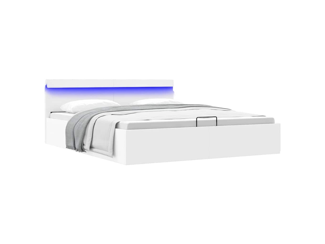 Vidaxl Cama Hidráulica C/ Arrumação Led 180x200 Cm Couro Artif. Branco