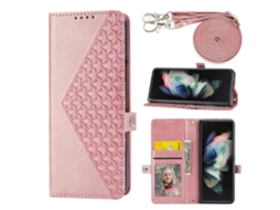 Capa Para Samsung Galaxy Z Fold4 Em Couro Com Textura De Grade Cúbica E Alça Para Pescoço.