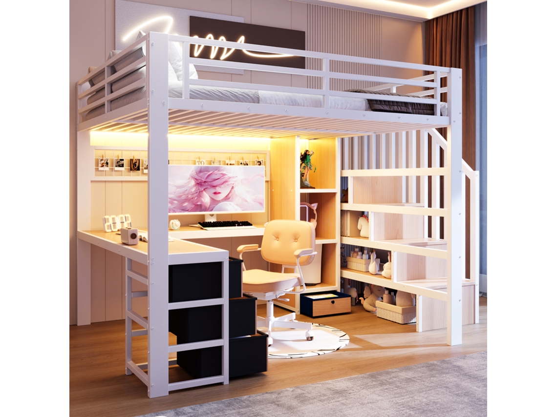 Hochbett 140x200cm Com Ferro Gavetas Prateleira Led Mesa Escada Armazenamento Branco