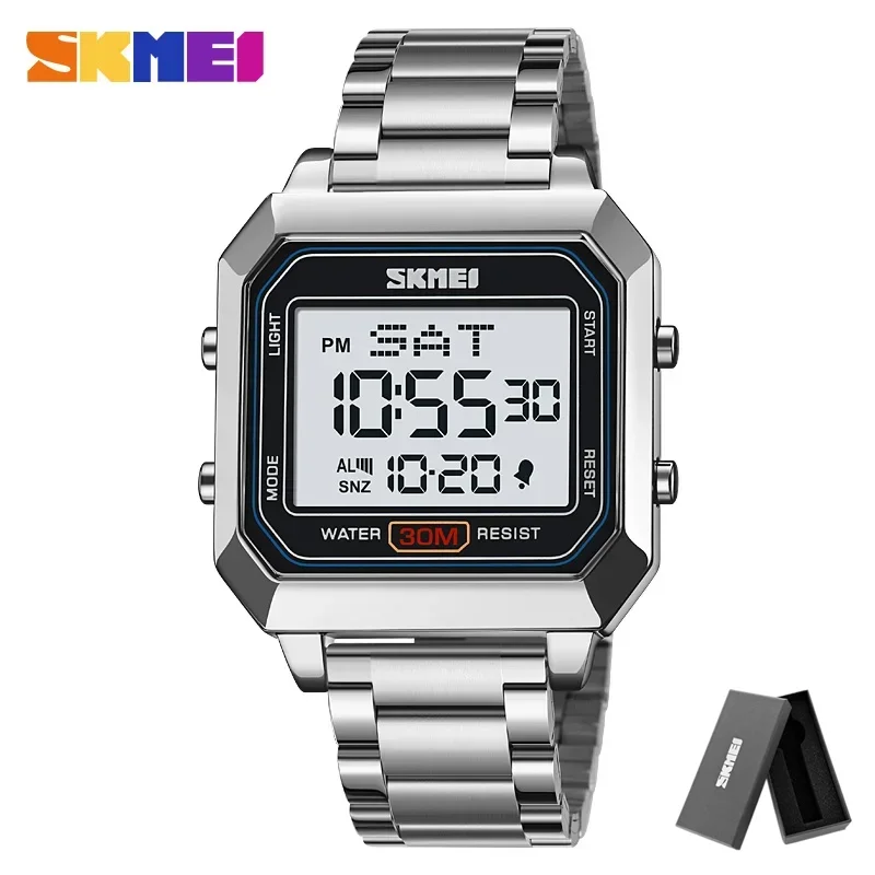 Relógio Eletrônico Masculino MDUG Luminoso com Pulseira Quadrada de Aço (prateada)
