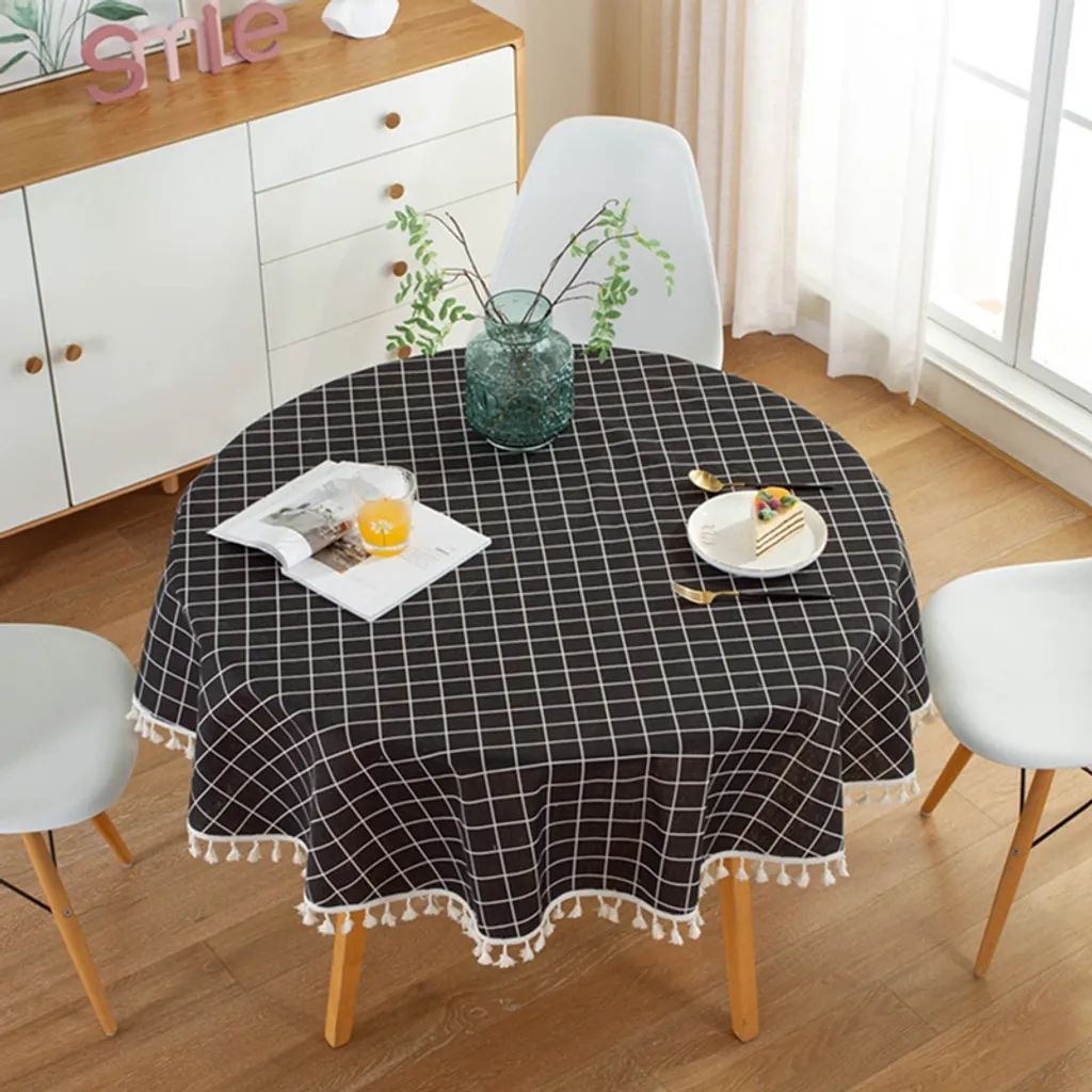 Toalha De Mesa De 150 Cm Com Borlas, Toalha De Mesa Redonda De Poliéster E Algodão, Para Mesa De Jantar, Mesa De Centro, Mesa De Jardim (padrão Xadrez