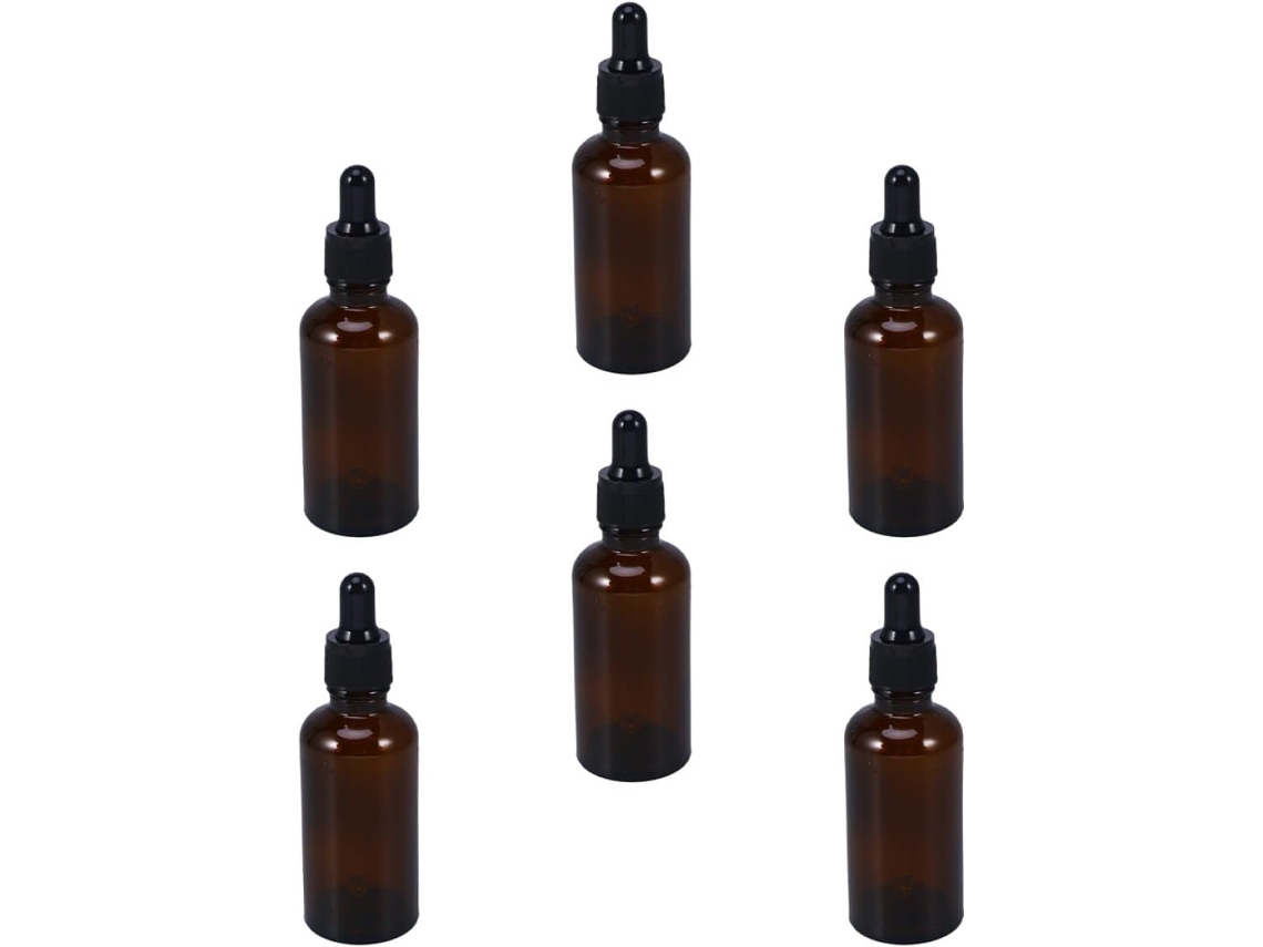 Conjunto de 6 frascos conta-gotas de vidro âmbar para óleos essenciais e perfumes.