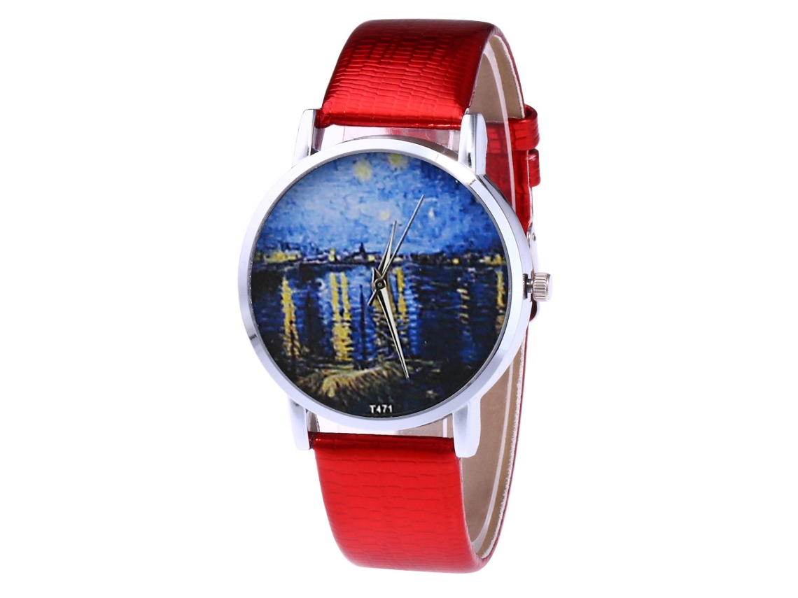 Reloj De Cuarzo Pareja Con Correa De Cuero Pu Moda Dial Redondo Casual Rojo