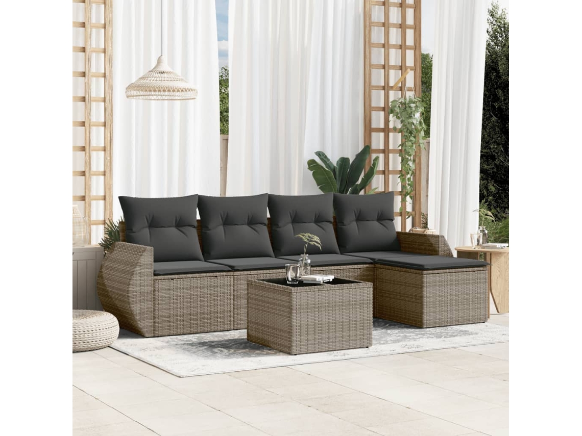 Vidaxl 6 Pcs Conjunto Sofás De Jardim Com Almofadões Vime Cinzento