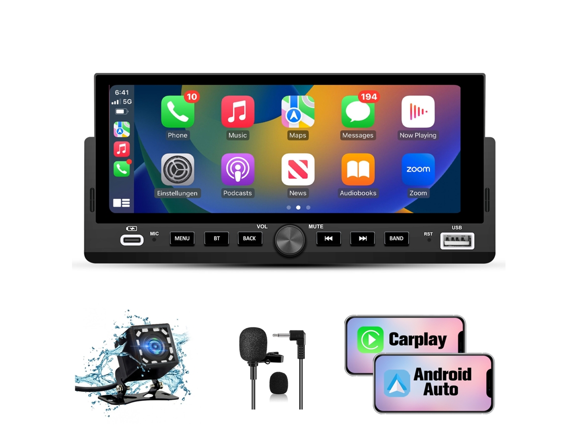 O rádio automotivo Junsun de 6,86 polegadas suporta controle no volante, Carplay, Bluetooth e entrada para câmera traseira.