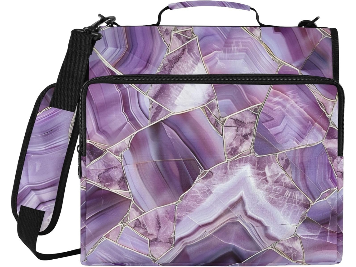 Pasta De 3 Argolas Com Estampa Abstrata Mármore Ametista, Bolsos Extras E Alça Carteira Escolar Com Zíper Vários