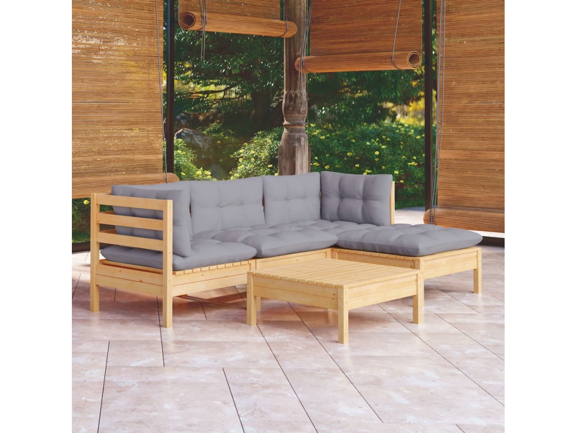 Vidaxl 5 Pcs Conjunto Lounge De Jardim C/ Almofadões Cinza Pinho