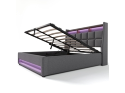 Cama Estofada de Casal 160x200cm com USB, LED, Ripas, Estrutura Linho PAPRIKA