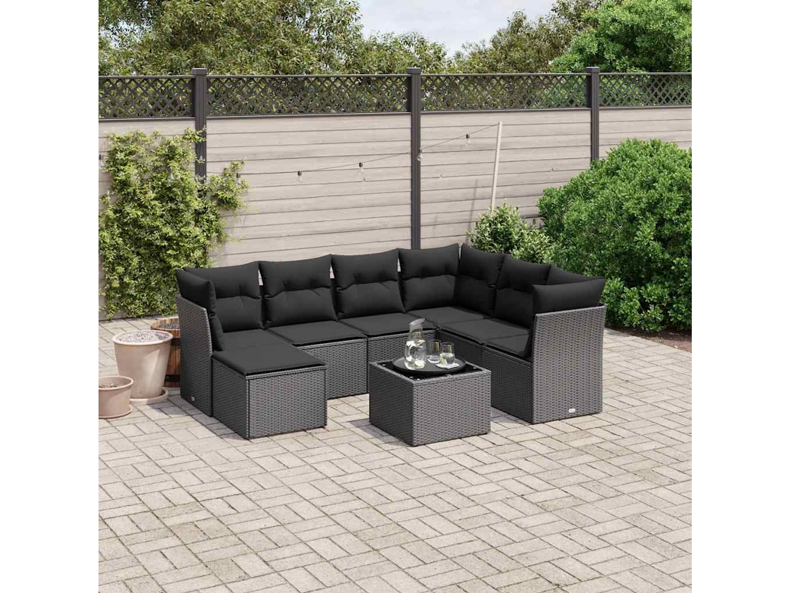 Vidaxl 8 Pcs Conjunto Sofás De Jardim Com Almofadões Vime Pe Preto