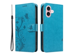 Capa Em Couro Pu, Padrão De Flor E Borboleta Para Apple Iphone 16 - Azul
