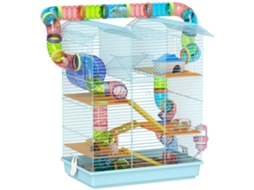 Gaiola para Hamster de Múltiplos Níveis com Sistema de Tubos 4 Plataformas e Roda de Exercício 47x30x59 Cm Azul Claro Ge