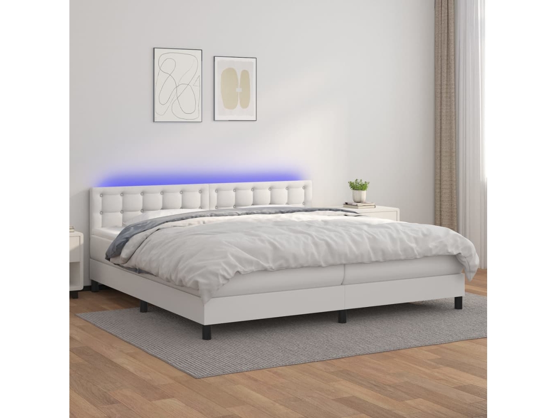 Vidaxl Cama Box Spring C/colchão/led 200x200cm Couro Artificial Branco