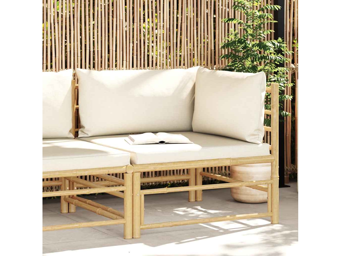 Vidaxl Sofá De Canto P/ Jardim Com Almofadões Branco Nata Bambu