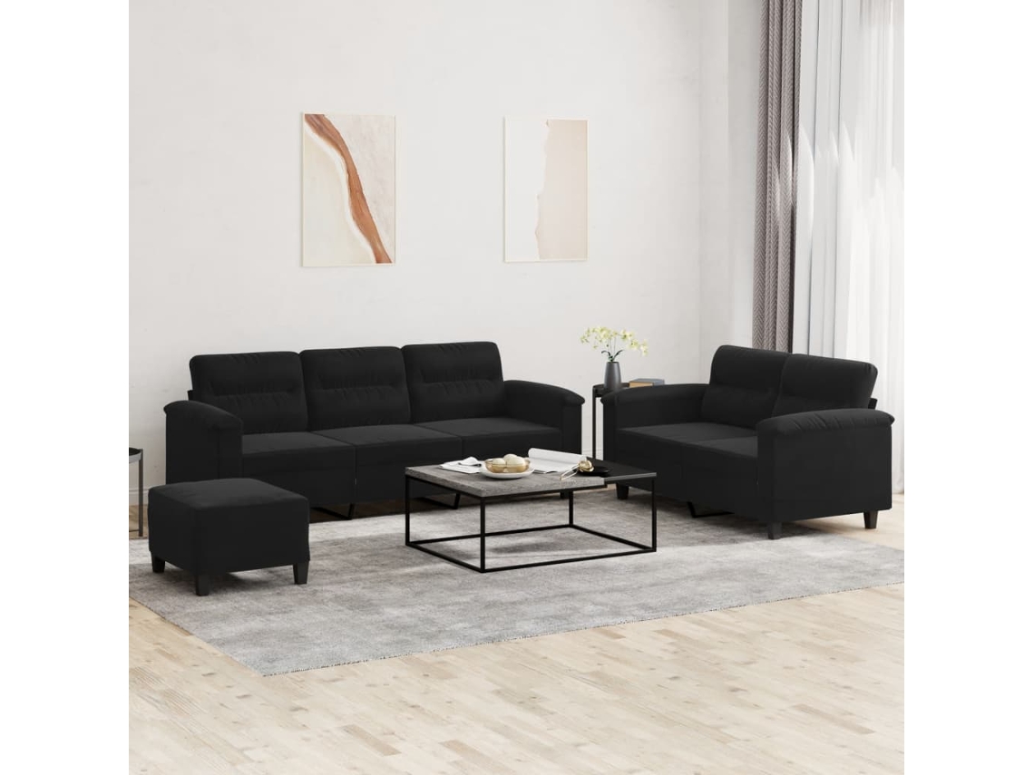 Vidaxl 3 Pcs Conj. Sofás C/ Almofadões Tecido De Microfibra Preto