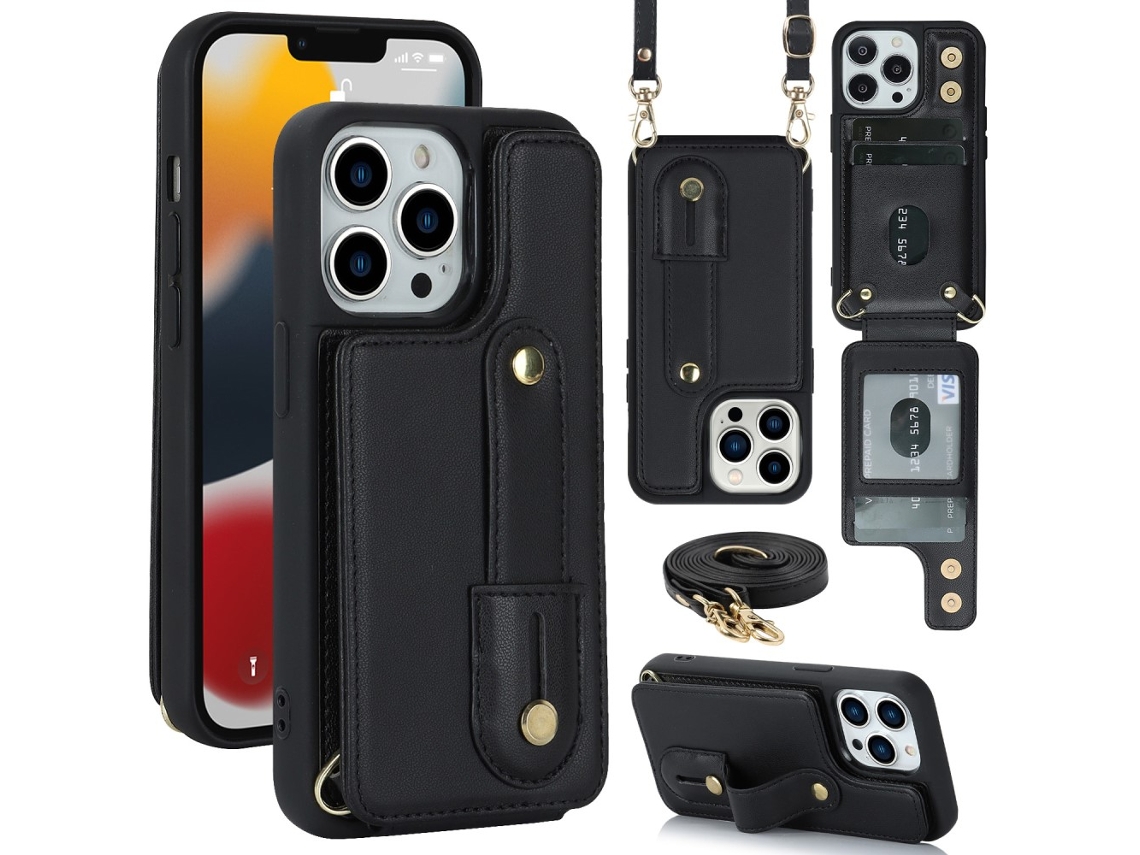 Suporte Casa Pega Para Iphone 15 Pro Max Pele Sintética Com Porta-cartões Preto