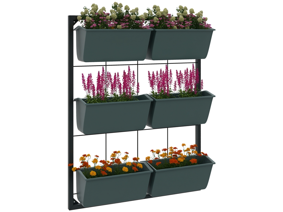 Jardim Vertical de 3 Andares com 6 Vasos de Aço e Plástico. 52x14x66cm. Verde Escuro Ge