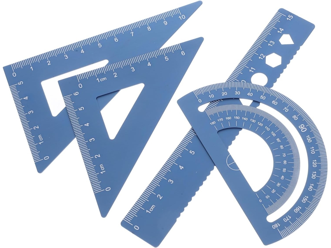 Conjunto de 4 réguas triangulares com elos de alumínio, ferramentas de design para laptops, ideais para estudantes e salas de aula.