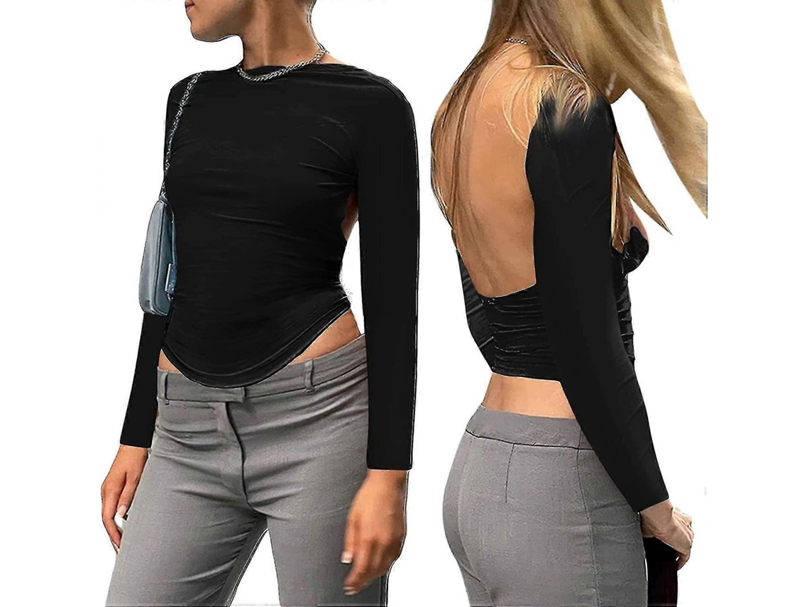 Camiseta Sexy Sem Costas Mulher Manga Longa Fashion Casual Sólida Corte Nas Costas