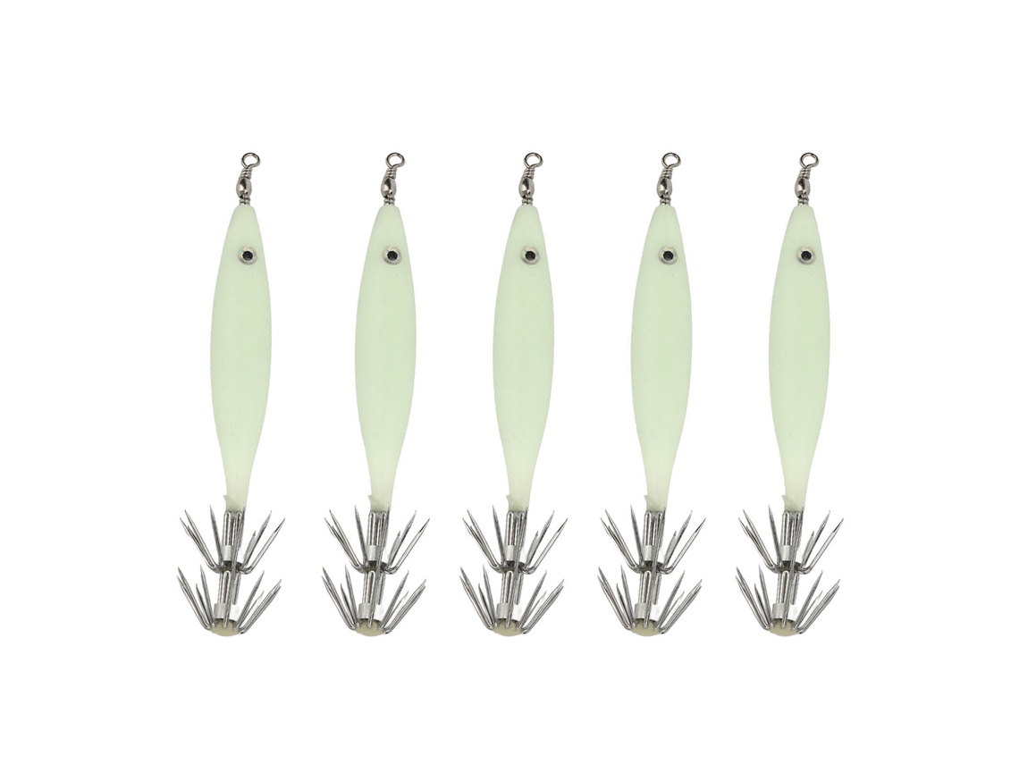 5pcs Isca De Pesca Luminosa 8cm Lula Jig Com Anzol Camarão Madeira Para Água Salgada Doce