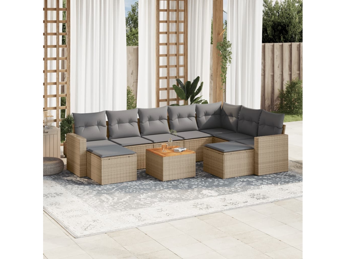 Vidaxl 10 Pcs Conjunto De Sofás P/ Jardim Com Almofadões Vime Pe Bege