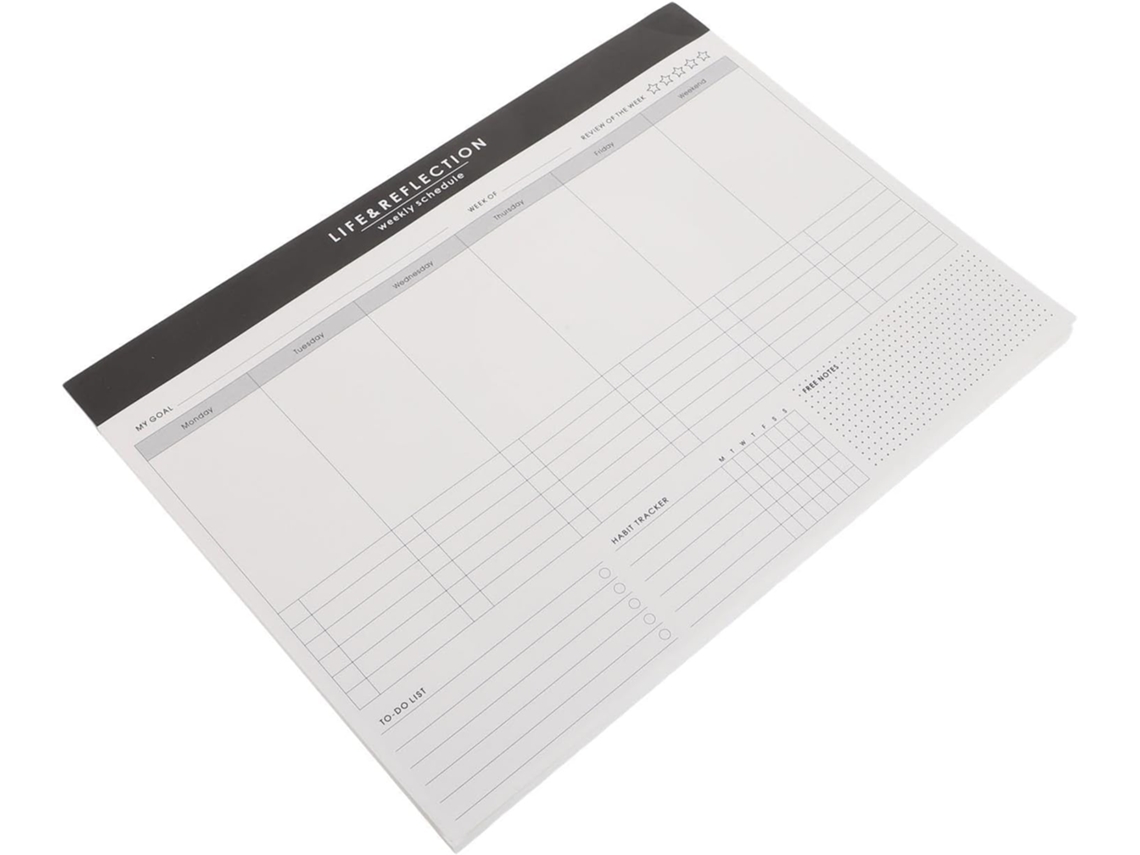 Bloco de notas semanal em papel branco para planejamento e escrita fluida.