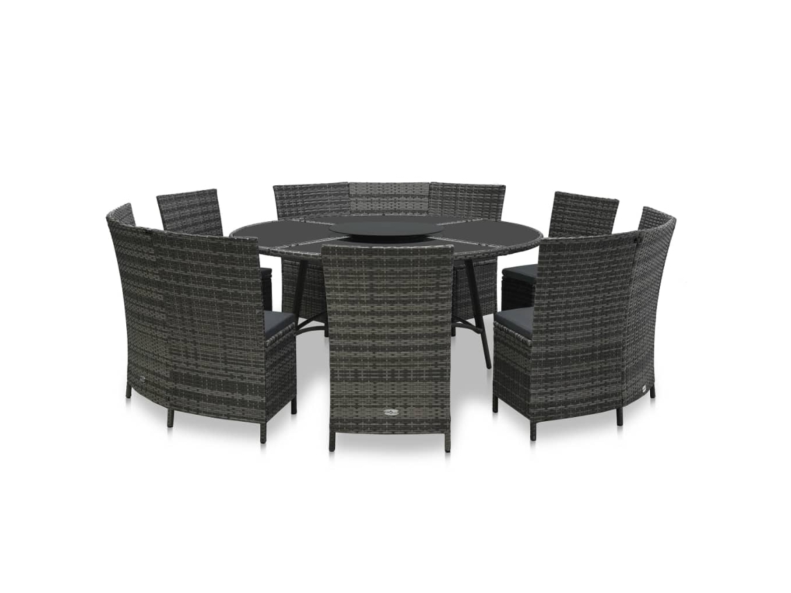 Vidaxl 7 Pcs Conjunto Jantar Exterior Com Almofadões Vime Pe Cinzento