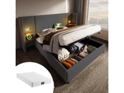 Cama Casal Cinza 160x200cm Estofada, Linho, Criado-mudo, Led Leitura, Usb-c, Ripas (c/ Colchão).-op