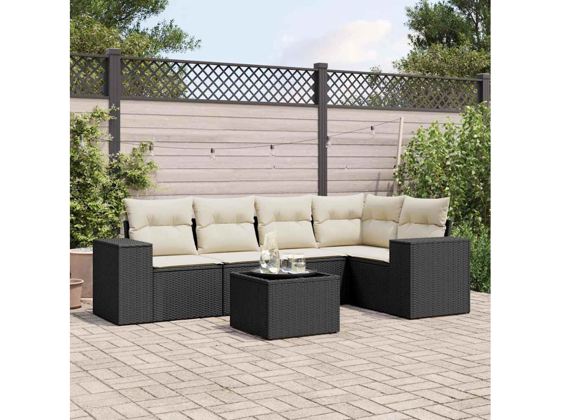 Vidaxl 6 Pcs Conjunto Sofás De Jardim C/ Almofadões Vime Pe Preto