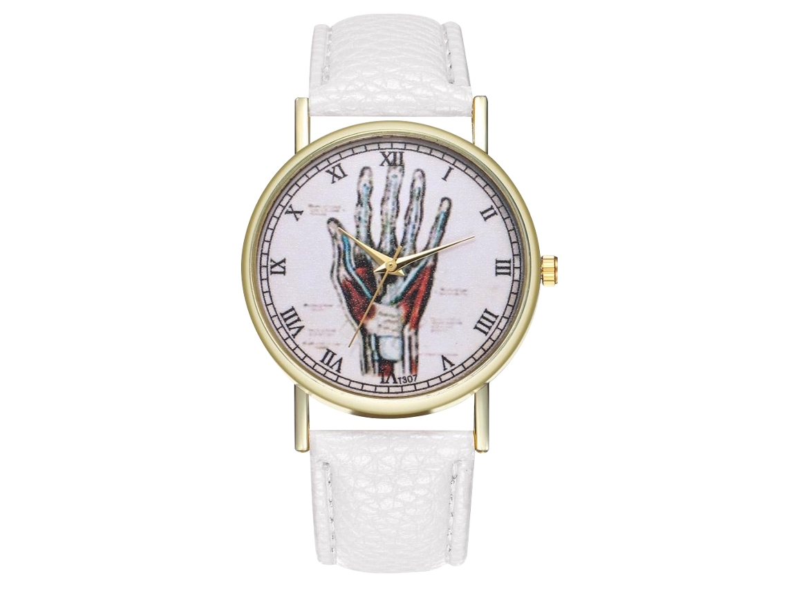 Relógio de quartzo casual unissex com pulseira de couro PU e mostrador redondo branco.