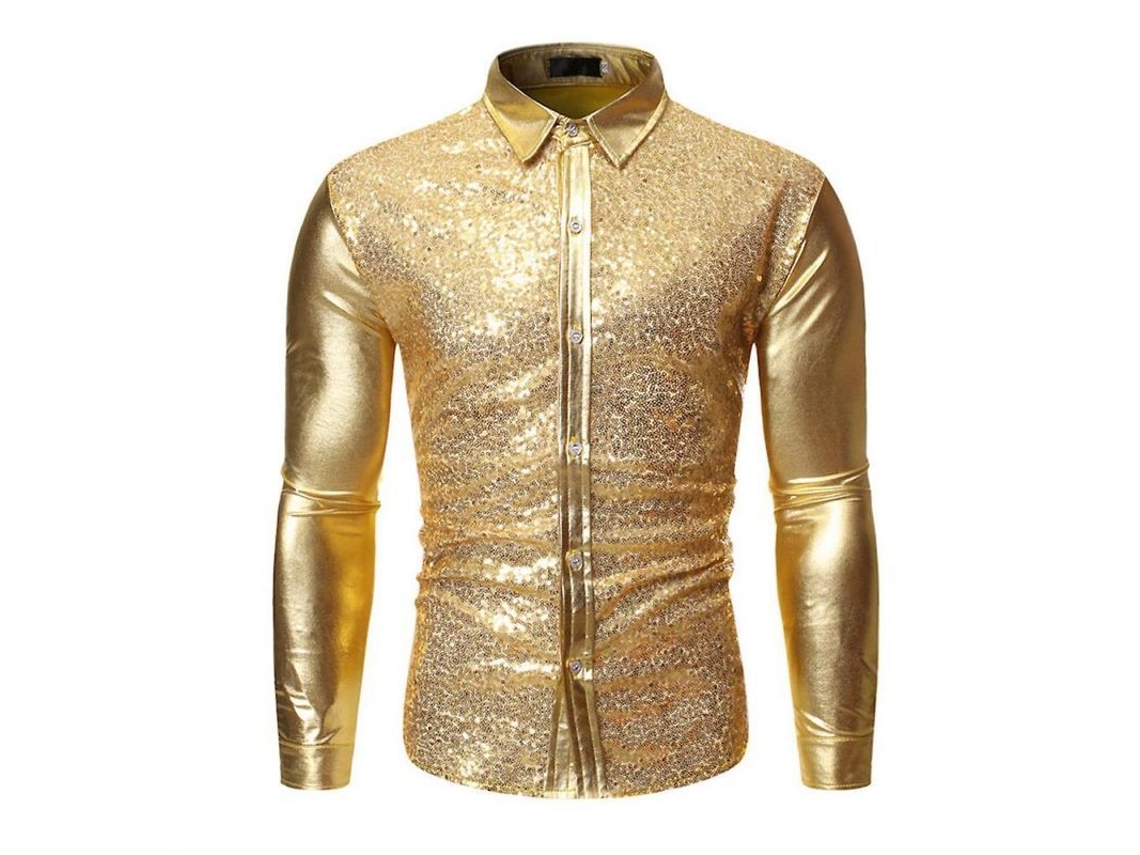 2026 camisa de Manga Longa com Puntinhas e Estampa Dourada no Colarinho Lapel para Homem Osn XL Oro