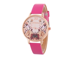Relógio de Pulso Feminino de Quartzo com Padrão Floral e Pulseira Pu Rosa Claro
