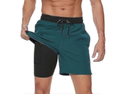 Calção de banho masculino 2026 com forro de compressão, secagem rápida 2 em 1 e bolsos com zíper, ideal para surfe e praia.