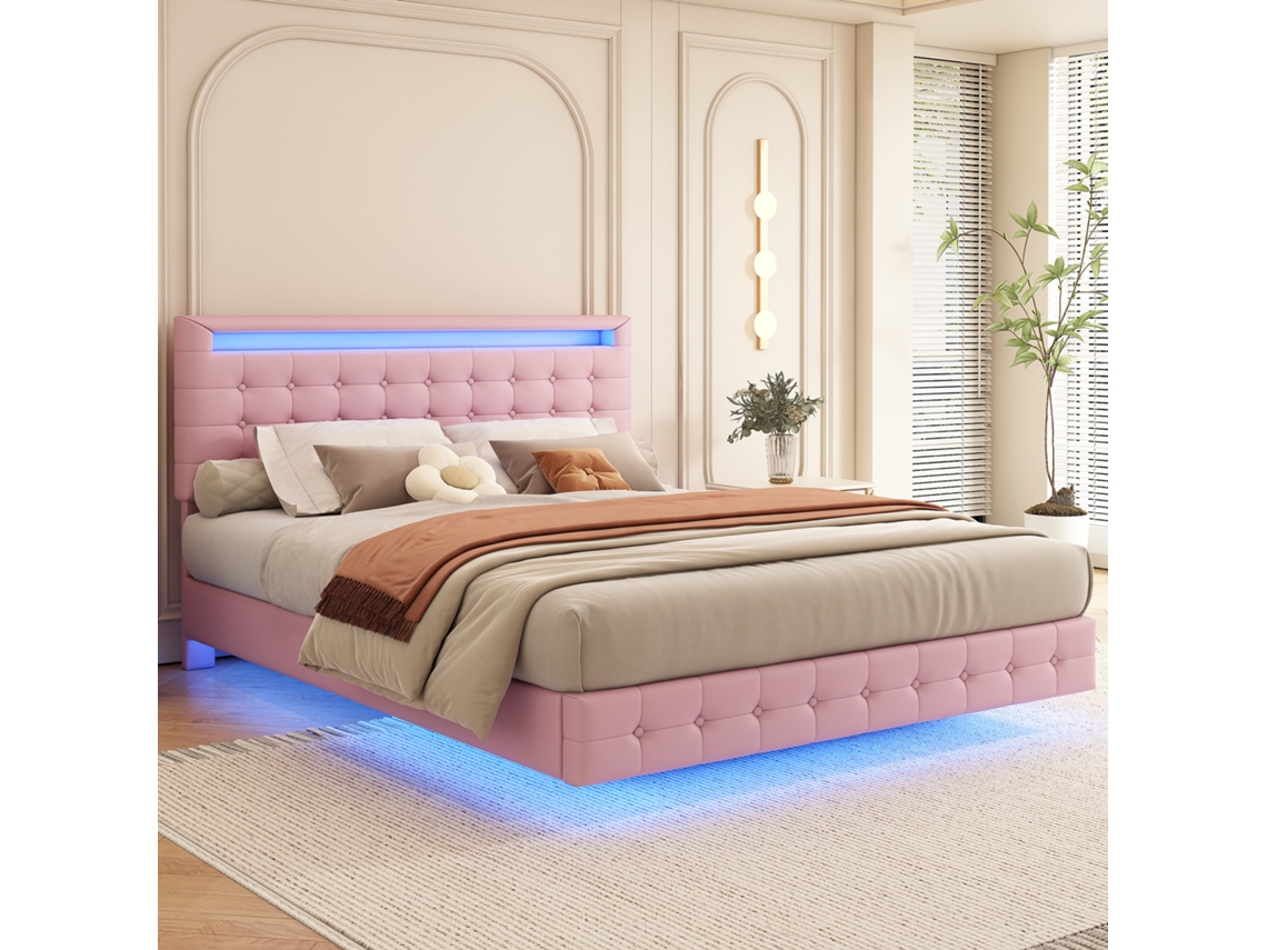 Cama Flachbett 140x200cm Rosa Led Com 3 Alturas De Cabeça