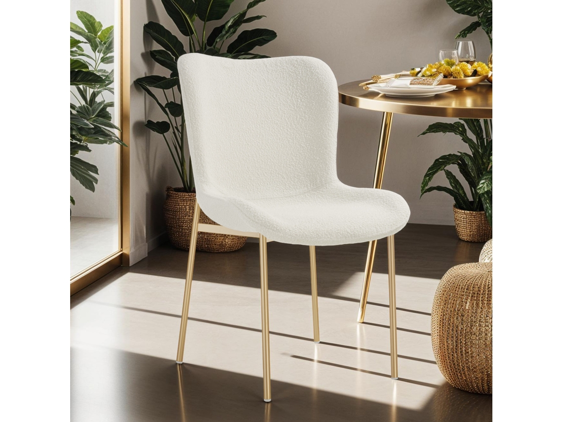 Cadeira Estofada Tessa em Tecido Bouclé Design Ergonómico Branco/Dourado TECTAKE