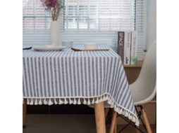 Manta de mesa retangular listrada, com franja de linho e algodão, 140x250cm, azul e branco | S/MARCA