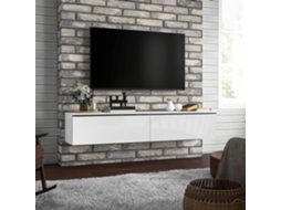 Armário Suspenso Para Tv, 160x35x30 Cm, Na Cor Branco Brilhante, Com Portas De Madeira E Sistema De Aba.