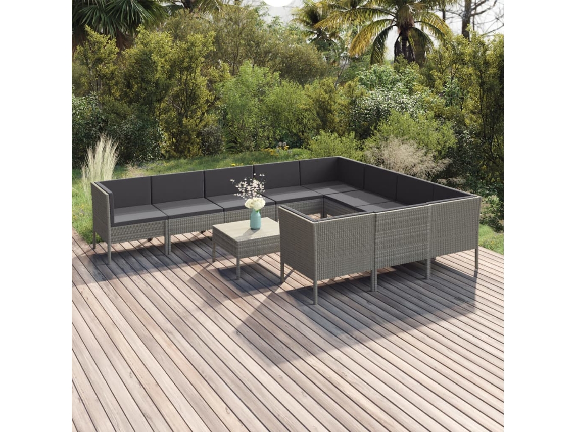 Vidaxl 11 Pcs Conjunto Lounge De Jardim C/ Almofadões Vime Pe Cinzento