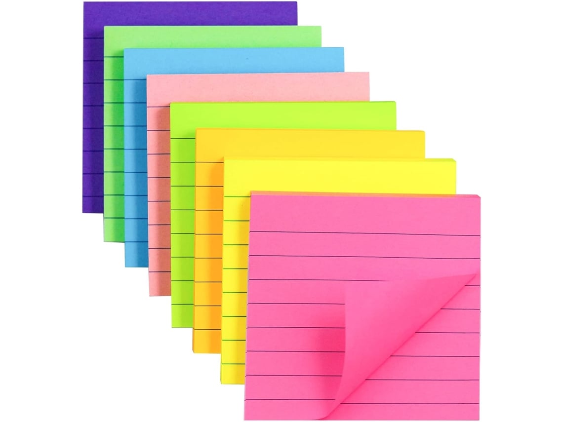 Notas Adesivas Pautadas, 8 Cores, 3x3 Polegadas Aquaforge (pacote Com 8)