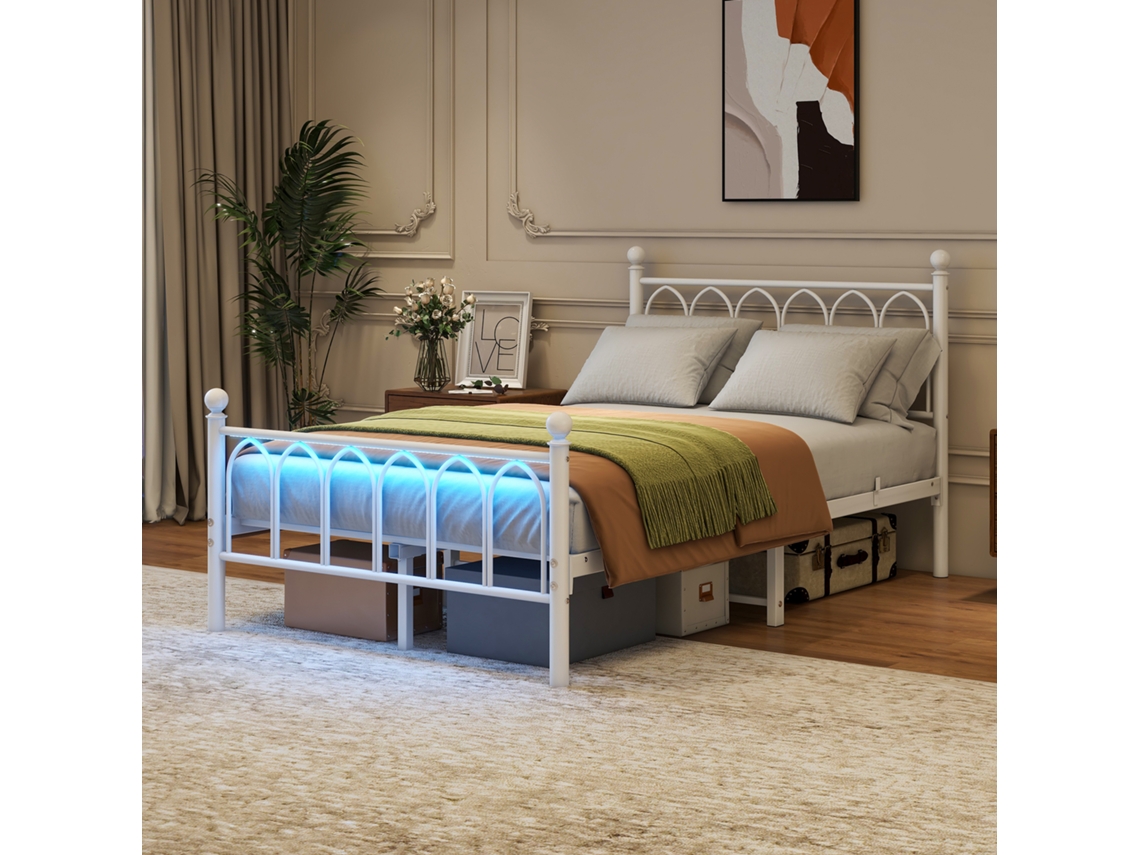 Cuadro De Metal Iluminado 120x200 Cm Blanco Con Tête Y Pied Vintage, Led, Usb, Sommier Acier Renforcé Y Rango