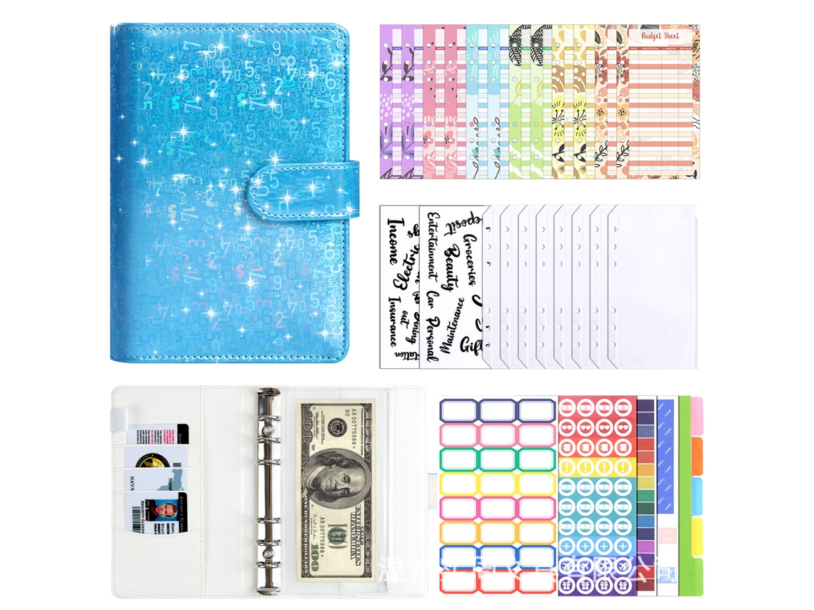 A6 Ring Binder Ledger Notebook With Laser Envelope Cash Budget Planner, Blue, Includes Cash Budget Cards 12, Receipt