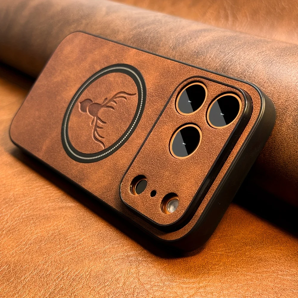 Capa Para Iphone 16e Marrom Em Couro Pu Com Estampa De Veado, Compatível Com Carregamento Sem Fio Magsafe.