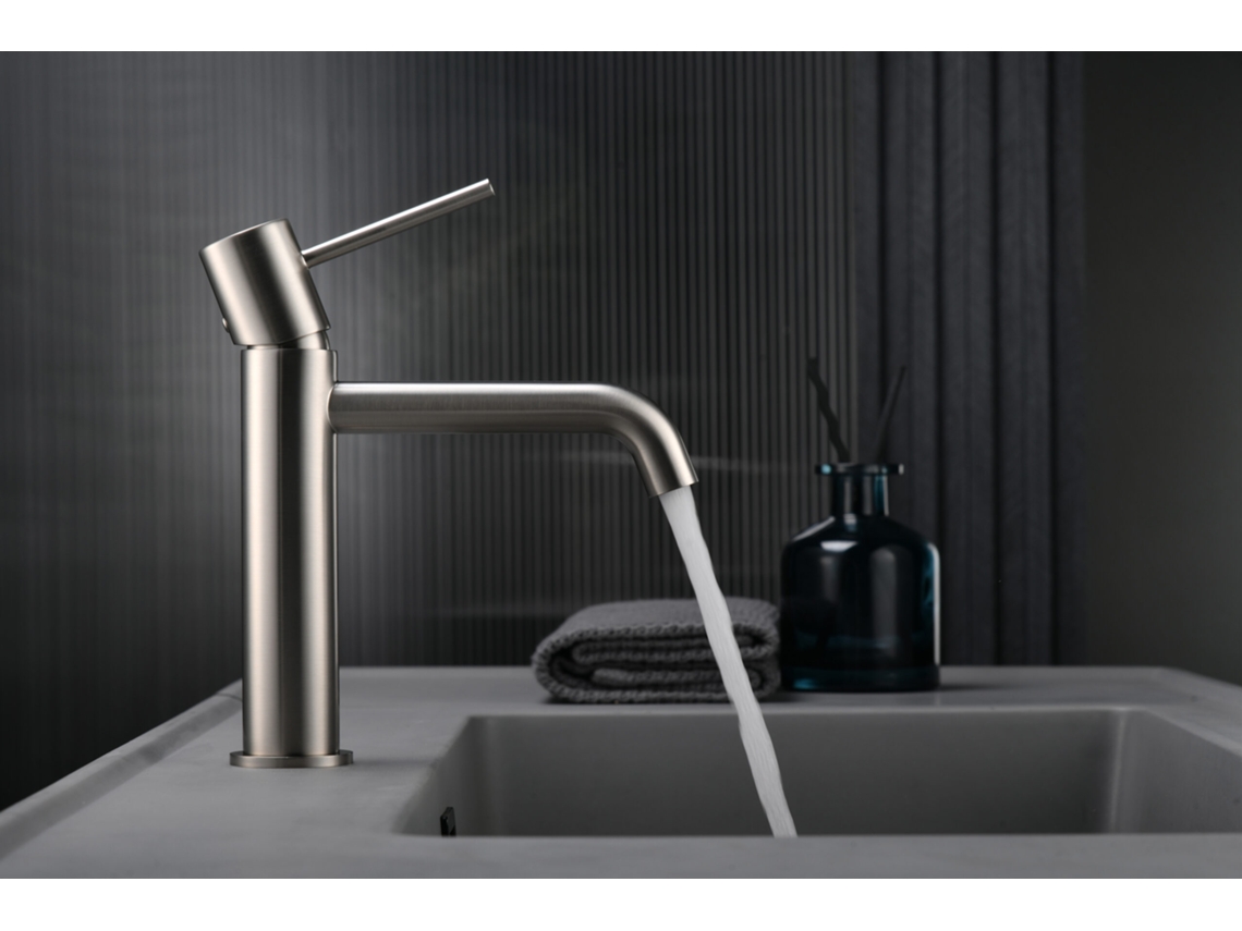 Misturador Para Lavabo Monocomando Em Latão E Zama, Acabamento Níquel Escovado, Cartucho Cerâmico Ø26mm, Flexíveis 3/8 Imex