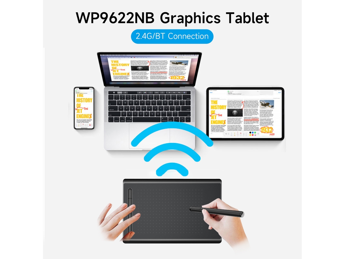 Tablet Gráfico Wp9622nb Com 8192 Níveis De Pressão, 5080lpi, 230pps E Conexão 2.4g/bt