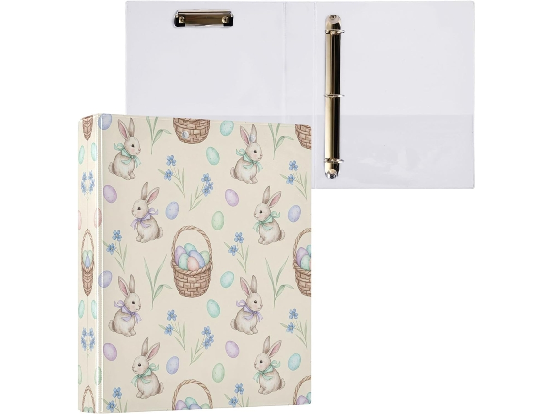 Pasta de 3 Argolas para Papel Tamanho Carta , Coelhinho da Páscoa Redondo e Fofo com Porta pra (27,9 X 21,6 Cm)