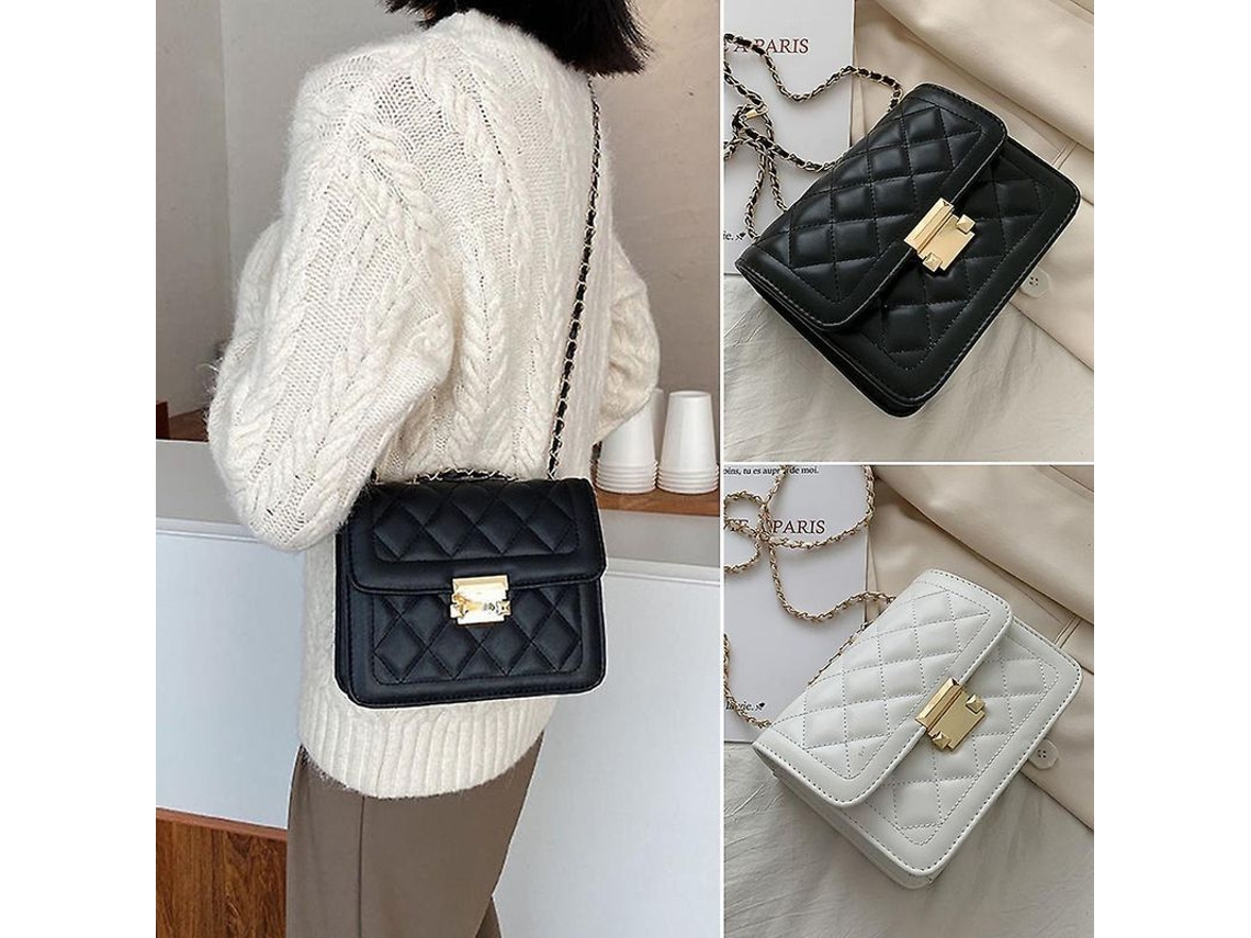 Bolsa Bandolera Para Mulher De Couro Pu Estilo Moderno Com Costura Em Losango E Correia De Cadeia Para Uso Diário Negro