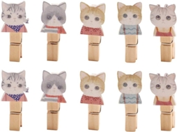 Prendedores de Roupa Madeira, 10 Peças, Design Gato, Natural, Pequenos com Cordão 1, 2 M, CHABERLU