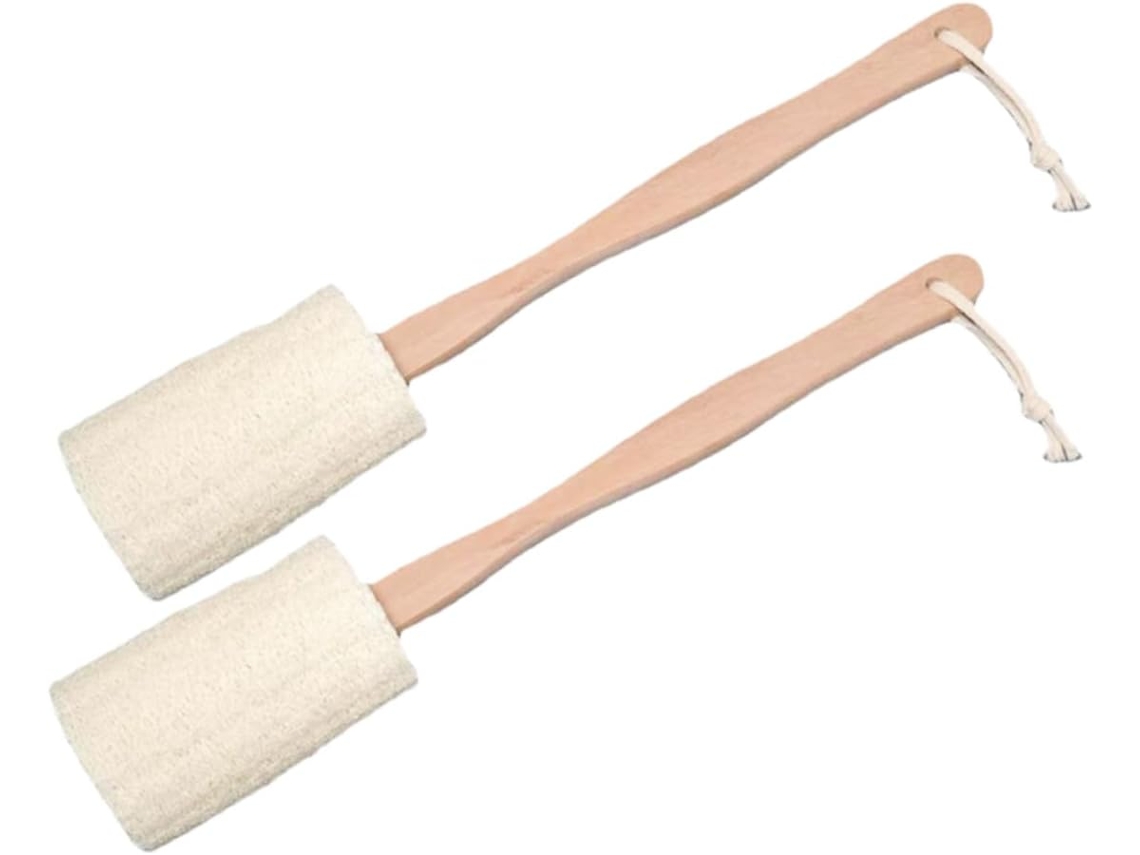 Escova De Banho Esfoliante Bucha Vegetal 2 Unidades Com Cabo Longo Madeira, Escova Natural Para Massagem Nas Costas