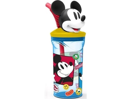 Boções Frutadas Tataway Copo Reutilizável Em Plástico Azul Disney Mickey Mouse Para Crianças 360 Ml Com Canudo E Figurinha 3d