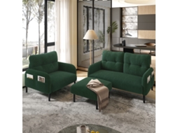 Sofá De 3 Peças Pufe Sofá De 2 Lugares Estrutura Em Aço Com Bolso Lateral, Encosto Extra Macio Verde Esmeralda Estilo